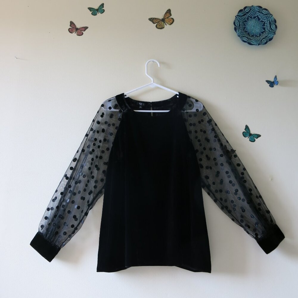 Talbots Viscose Black Velvet Polka Dots Long Sleeve Elegant Chic Blouse Size PXL